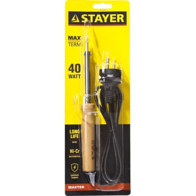 Электропаяльник STAYER 40 Вт, 220 В, конус, деревянная рукоятка 40Вт Maxterm 55310-40