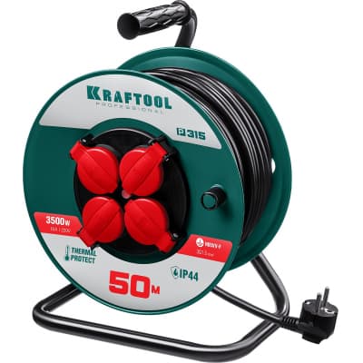 P-315 удлинитель на катушке, 50 м, 3500 Вт, 4 гнезда, IP44, ПВС 3x1,5 кв мм, KRAFTOOL 55084-50