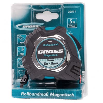 Рулетка Magnetisch 5 м х 19 мм, обрезиненный корпус, автоматическая фиксация, Нейлоновое покрытиеытие, зацеп с магнитом Gross 32571