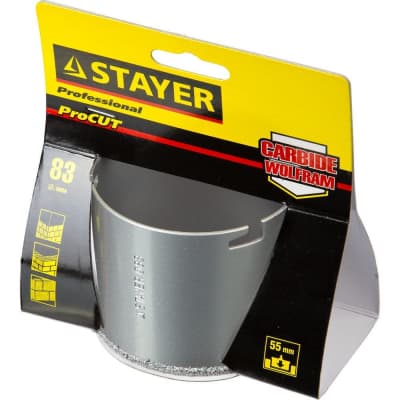 Кольцевая коронка STAYER Ø 83 мм, L - 55 мм, карбид-вольфрамовая крошка 33345-83