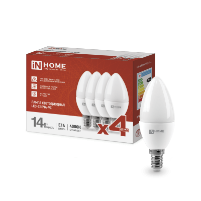 Лампа светодиодная IN HOME LED-СВЕЧА-VC 4PACK 14Вт 230В Е14 4000К 1330Лм (4шт./упак) 4690612052328