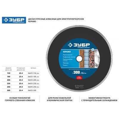 КЕРАМО-25 250 мм, диск алмазный отрезной сплошной по керамограниту, мрамору, плитке, ЗУБР Профессионал 36655-250_z02