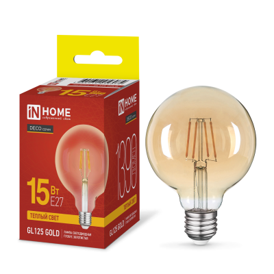 Лампа светодиодная IN HOME LED-GL125-deco gold 15Вт 230В E27 3000K 1390Лм 95мм золотистая 4690612056074
