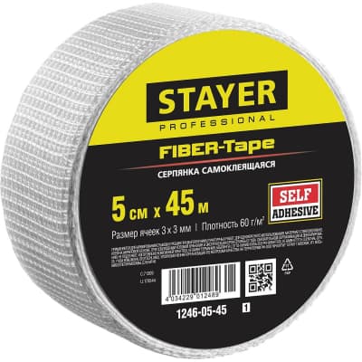 Сетка стеклотканевая самоклеящаяся STAYER 5 см х 45 м, 3х3 мм FIBER-Tape 1246-05-45_z01