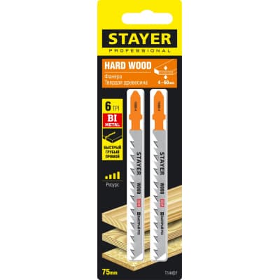 Полотна STAYER, T144DF, для эл/лобзика, Bi-Metal, по дереву, ДВП, ДСП, T-хвост., шаг 4мм, 75мм, 2шт 15985-4_z02