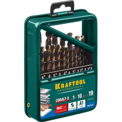 KRAFTOOL COBALT 19шт(1-10мм), Набор сверл по металлу HSS-Co(8%), сталь М42(S2-10-1-8) 29656-H19