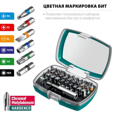 Набор KRAFTOOL: Биты ″C-Drive 32″ многофункциональные, CR-MO, адаптеры в ударопрочном компактном боксе, цветная маркировка типов шлицов. 32 предмет 26067-H32