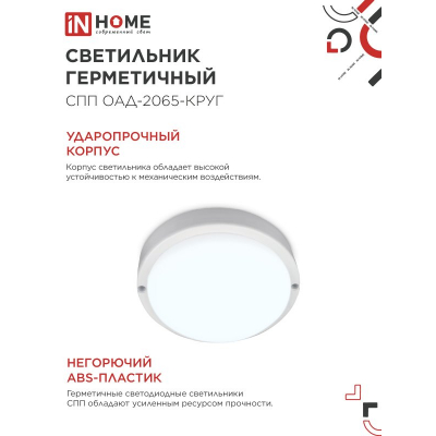 Светильник светодиодный герметичный IN HOME СПП ОAД-2065-КРУГ 20Вт 6500К 1800Лм с оптико-акустическим датчиком IP65 155мм 4690612044033