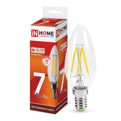 Лампа светодиодная LED-СВЕЧА-deco 7Вт 230В Е14 6500К 630Лм прозрачная IN HOME 4690612029665