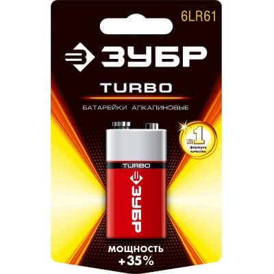 Щелочная батарейка 9 В, тип 6LR61 (крона), 1 шт, ЗУБР Turbo 59219_z01