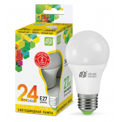 Лампа светодиодная LED-A65-standard 24Вт 230В Е27 3000К 2160Лм ASD 4690612014265