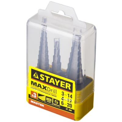 Набор ступенчатых сверл по сталям и цвет.мет STAYER 3 шт., HSS 29660-3-20-H3