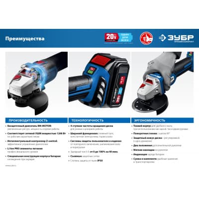 ЗУБР 20В бесщеточная УШМ, 1 АКБ (4Ач), в сумке, Профессионал. AB-125-41