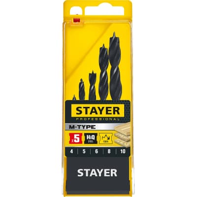 STAYER "M-type" 5 шт. 4-5-6-8-10мм, набор спиральных сверл по дереву 2942-H5_z02