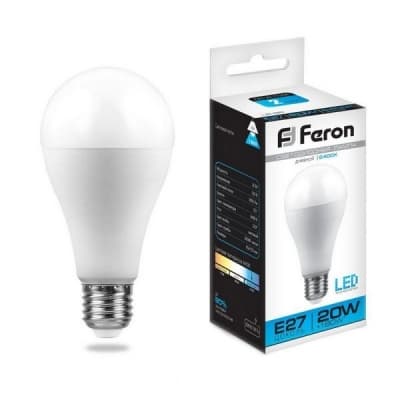 Лампа светодиодная FERON LB-98, A65 (шар), 20W 230V E27 6400К 25789