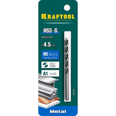 KRAFTOOL HSS-G 4.5 х80мм, Сверло по металлу HSS-G, сталь М2(S6-5-2) 29651-4.5