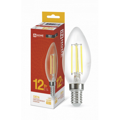 Лампа светодиодная IN HOME LED-СВЕЧА-deco 12Вт 230В Е14 3000К 1350Лм прозрачная 4690612053660