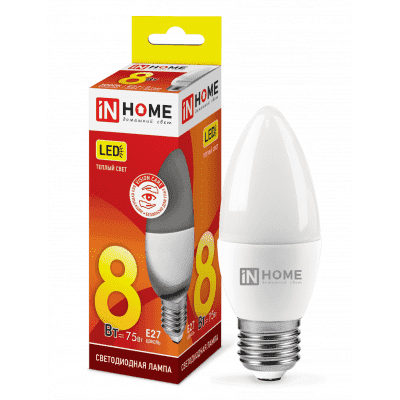 Лампа светодиодная LED-СВЕЧА-VC 8Вт 230В Е27 3000К 600Лм IN HOME 4690612020440