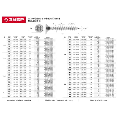 Саморезы СУ-Б универсальные, 35 x 5.0 мм, 40 шт, белый цинк, ЗУБР 4-300377-50-035