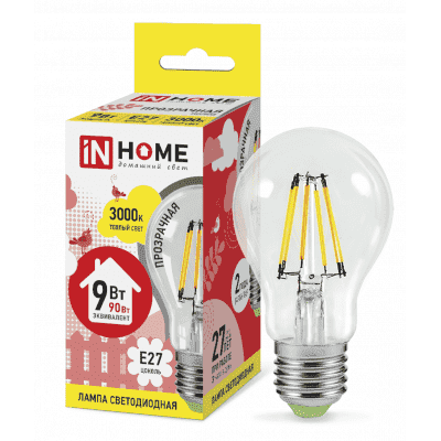 Лампа светодиодная LED-A60-deco 9Вт 230В Е27 3000К 810Лм прозрачная IN HOME 4690612008066