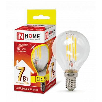 Лампа светодиодная LED-ШАР-deco 7Вт 230В Е14 3000К 630Лм прозрачная IN HOME 4690612016306