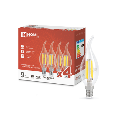 Лампа светодиодная IN HOME LED-СВЕЧА НА ВЕТРУ-deco 4PACK 9Вт 230В Е14 4000К 1040Лм (4шт./упак) прозрачная 4690612053455