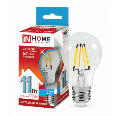 Лампа светодиодная LED-A60-deco 11Вт 230В Е27 4000К 990Лм прозрачная IN HOME 4690612026145
