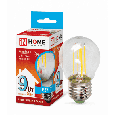 Лампа светодиодная LED-ШАР-deco 9Вт 230В Е27 4000К 810Лм прозрачная IN HOME 4690612026282