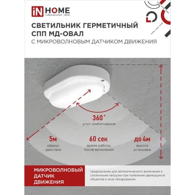 Светильник светодиодный IN HOME герметичный СПП МД-2065-ОВАЛ 20Вт 6500К 1800Лм с микроволновым датчиком IP65 195х94мм 4690612049335