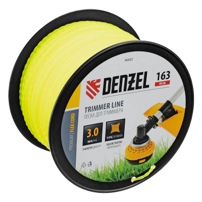 Леска для триммера витой квадрат, 3,0мм х 163м, на DIN катушке FLEX CORD Denzel 96802