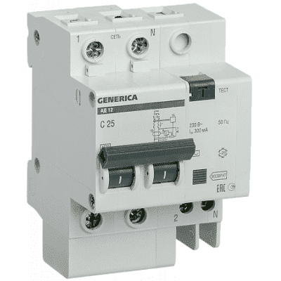 Дифференциальный автоматический выключатель IEK GENERICA АД12 2Р 25А 300мА MAD15-2-025-C-300