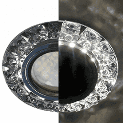 Ecola MR16 LD1661 GU5.3 Glass Стекло Круг с крупными прозр. стразами Конус с подсветкой/фон черн./центр.часть хром 38x95 SQ16RGEFB