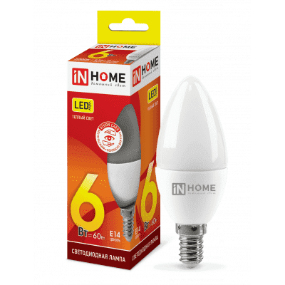 Лампа светодиодная LED-СВЕЧА-VC 6Вт 230В Е14 3000К 480Лм IN HOME 4690612020389