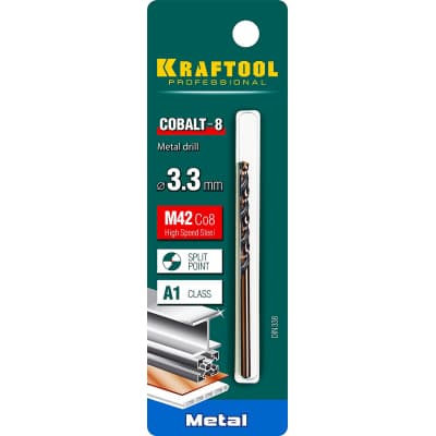 KRAFTOOL COBALT 3.3 х65мм, Сверло по металлу HSS-Co(8%) , сталь М42(S2-10-1-8) 29656-3.3