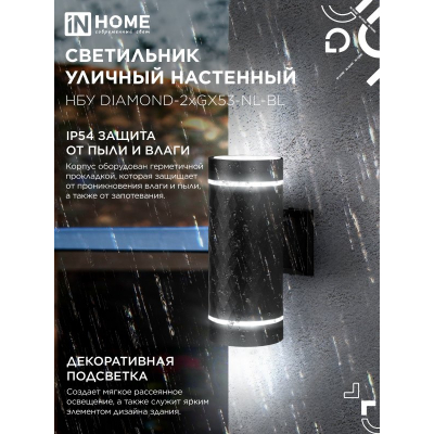 Светильник уличный настенный двусторонний IN HOME НБУ DIAMOND-2хGX53-NL-BL с подсветкой черный IP54 4690612051635