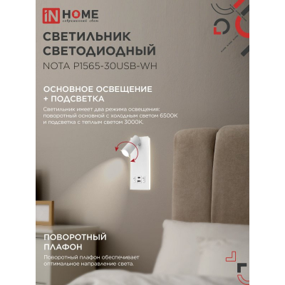 Светильник светодиодный IN HOME NOTA P1565-30USB-WH 15Вт 6500К с подсветкой 3000К USB type C белый 4690612060170