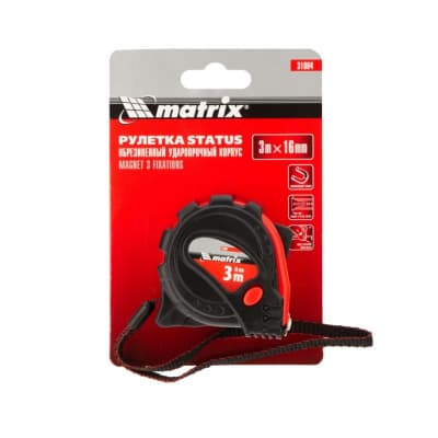Рулетка Status Magnet 3 fixations, 3 м х 16 мм, обрезиненный корпус, зацеп с магнитом Matrix 31004