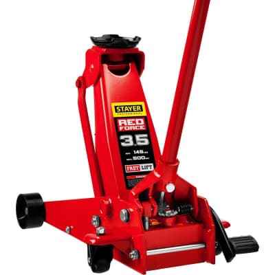 Домкрат гидравлический подкатной с педалью RED FORCE STAYER 3,5т, 145-500 мм 43155-3.5
