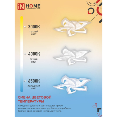 Светильник светодиодный IN HOME ELEGANT LOTUS 90Вт 230В 3000-6500K 7000Лм 590х570х90мм c пультом ДУ белый 4690612051505