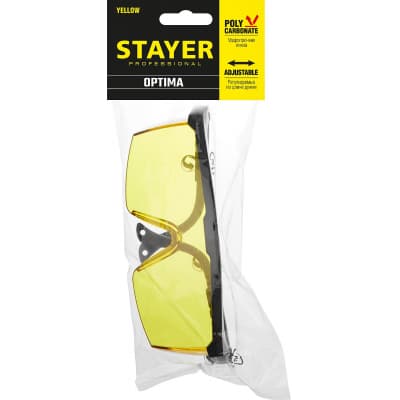 STAYER OPTIMA Желтые, очки защитные открытого типа, регулируемые по длине дужки. 2-110453_z01