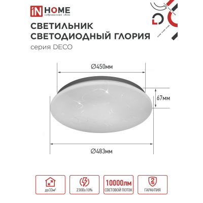 Светильник светодиодный IN HOME DECO ГЛОРИЯ 95Вт 230В 6500К 10000Лм 483х67мм 4690612058627