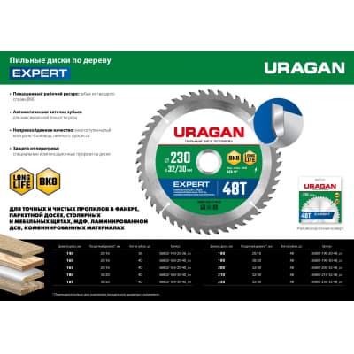 URAGAN Expert 165х20/16мм 40Т, диск пильный по дереву 36802-165-20-40_z01