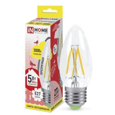 Лампа светодиодная LED-СВЕЧА-deco 5Вт 230В Е27 3000К 450Лм прозрачная IN HOME  4690612007588