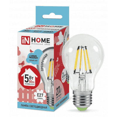 Лампа светодиодная LED-A60-deco 5Вт 230В Е27 4000К 450Лм прозрачная IN HOME 4690612008035