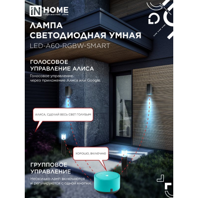 Лампа светодиодная IN HOME LED-A60-RGBW-SMART 15Вт 230В димм. Е27 3000-6500К 1450Лм 4690612050034