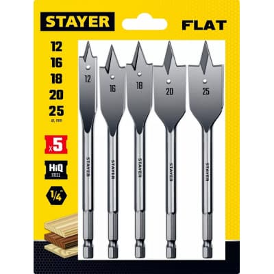 STAYER FLAT 5 шт, 12-16-18-20-25мм, набор сверл перовых по дереву 2950-H5