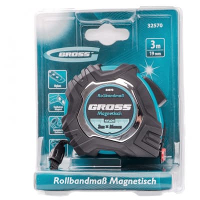 Рулетка Magnetisch 3 м х 16 мм, обрезиненный корпус, автоматическая фиксация, Нейлоновое покрытиеытие, зацеп с магнитом Gross 32570