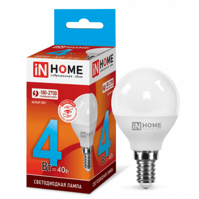 Лампа светодиодная LED-ШАР-VC 4Вт 230В Е14 4000К 360Лм IN HOME 4690612030531