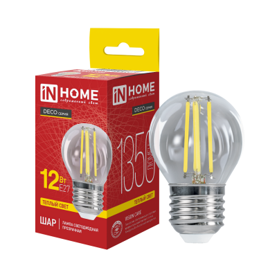 Лампа светодиодная IN HOME LED-ШАР-deco 12Вт 230В Е27 3000К 1350Лм прозрачная 4690612053684