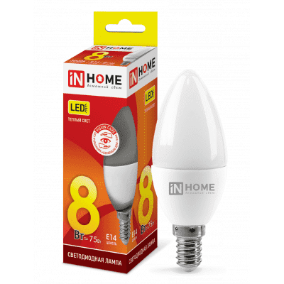 Лампа светодиодная LED-СВЕЧА-VC 8Вт 230В Е14 3000К 600Лм IN HOME 4690612020426